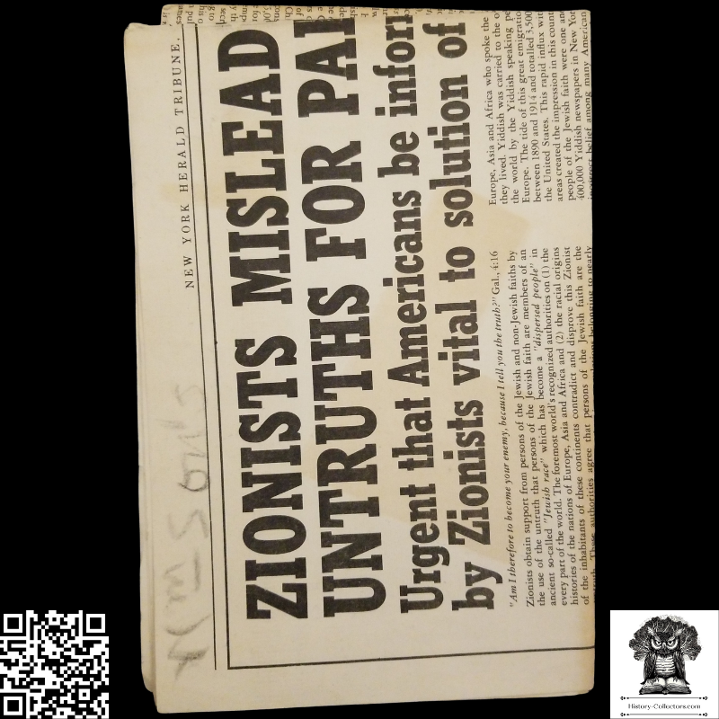 1947 League For Peace With Justice In Palestine Anti-Zionist Poster Insert - The New York Herald Tribune - January 14