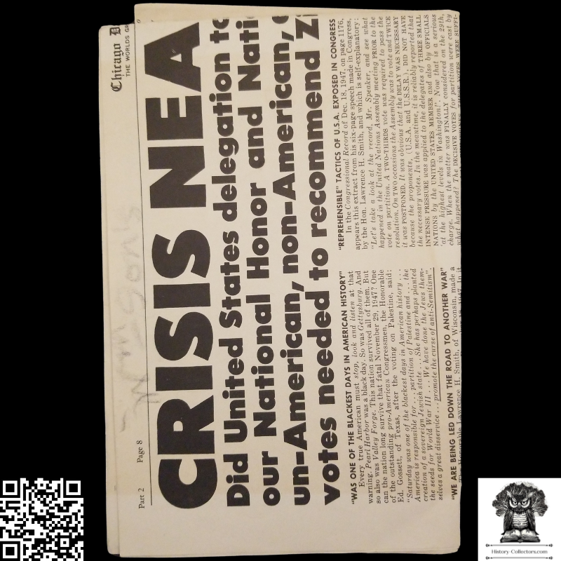1948 Anti-Zionism Political Advertisement Poster News Insert - Chicago Daily Tribune - League For Peace With Justice In Palestine - February 9