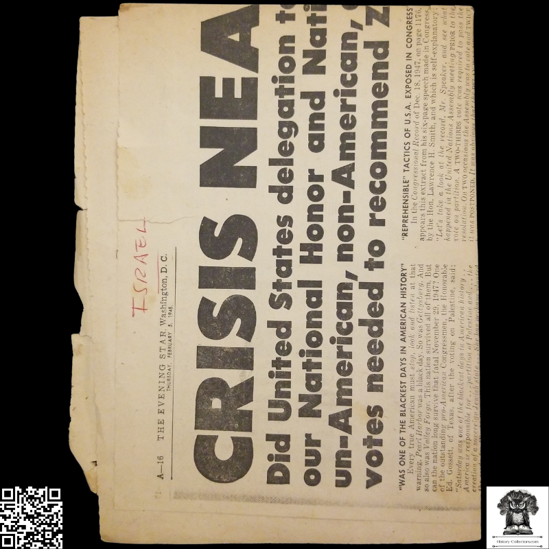 1948 Anti-Zionism Political Advertisement Poster News Insert - The Evening Star Washington D.C. - League For Peace With Justice In Palestine - February 5 - Ready For Framing