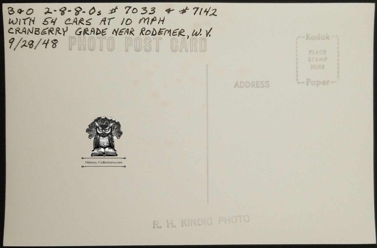 1948 RPPC Picture Postcard - B&O Railroad Engine Train 7033 7142 - Cranberry Grade Rodemer West Virginia - Photographer Kindig - Kodak Stamp Box