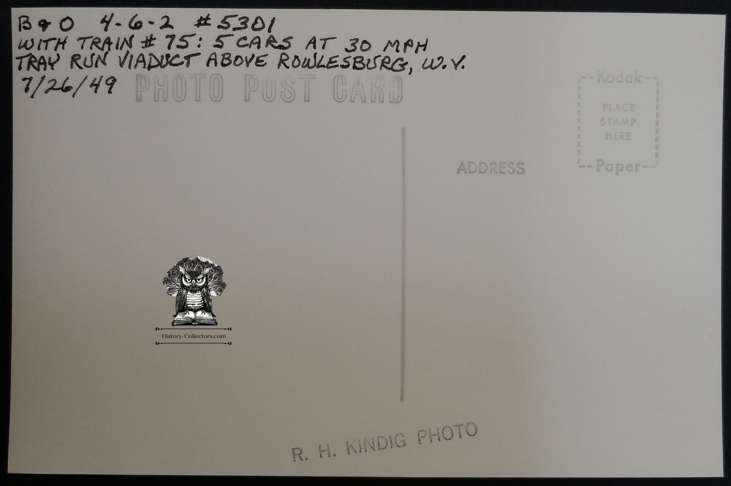 1949 RPPC Picture Postcard - B&O Railroad Cincinnation Passenger Train - Stone Viaduct Bridge Rowlesburg WV - Photographer Kindig - Kodak Stamp Box