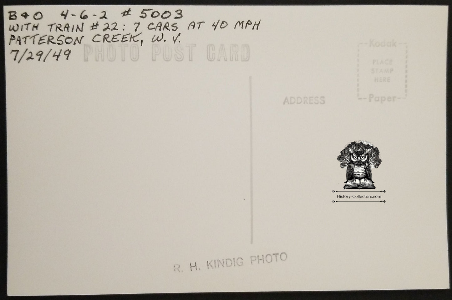 1949 RPPC Picture Postcard - B&O Railroad Coal Steam Engine - Patterson Creek West Virginia - Photographer Kindig