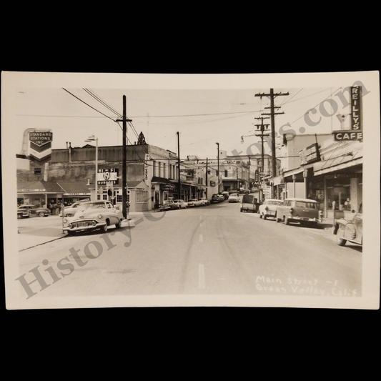 1950s Grass Valley California Main Street RPPC Real Photo Postcard - O'Reilly’s Café - The Nevada Café - Tahoe Café - Hi‑Fi Burgers - Standard Station - Kodak Stamp Box - Post WWII Era
