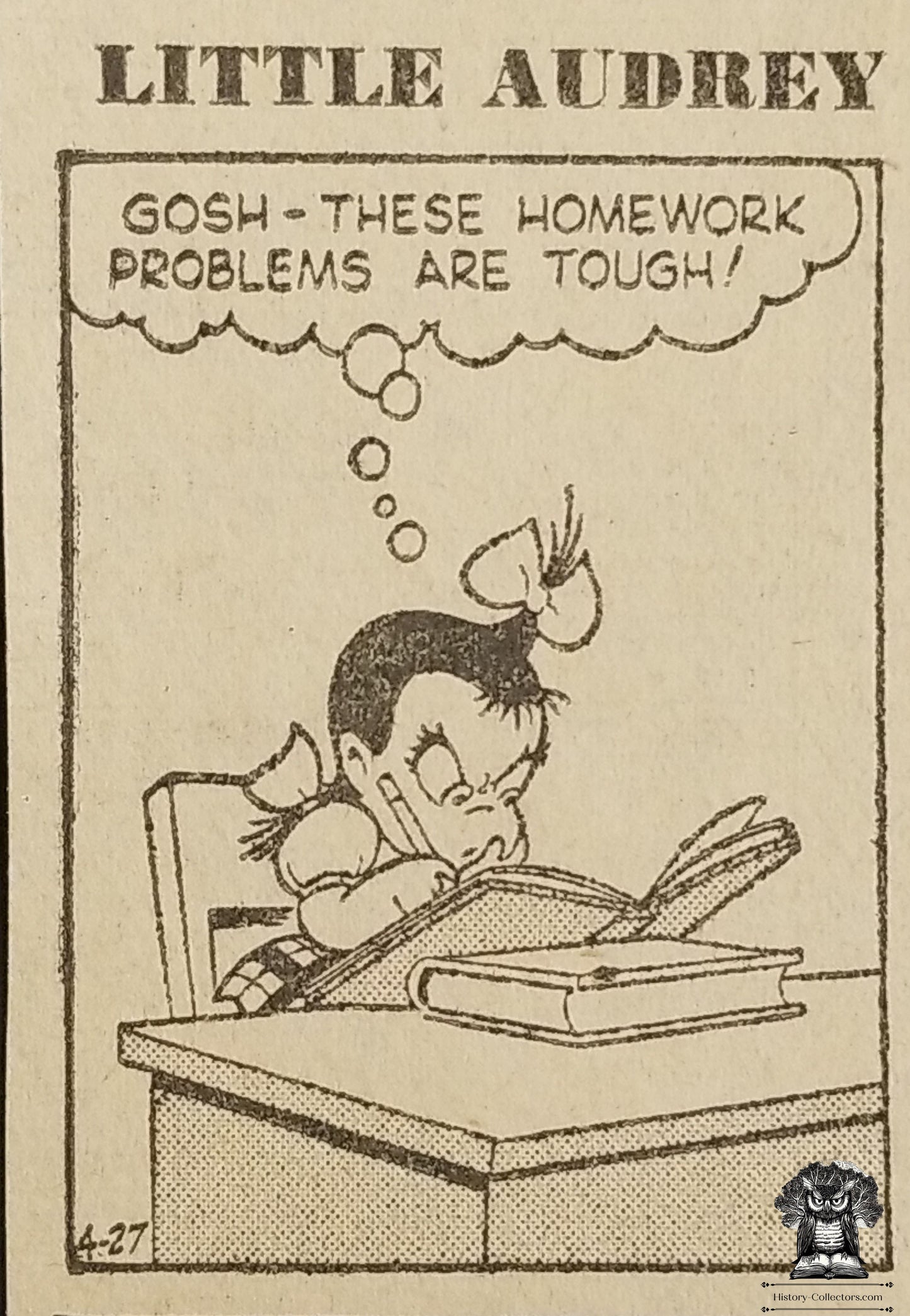 1951 Little Audrey Comic Strip - Al Buck - April 27 - Homework Problems - Railroad Train Station Information Booth
