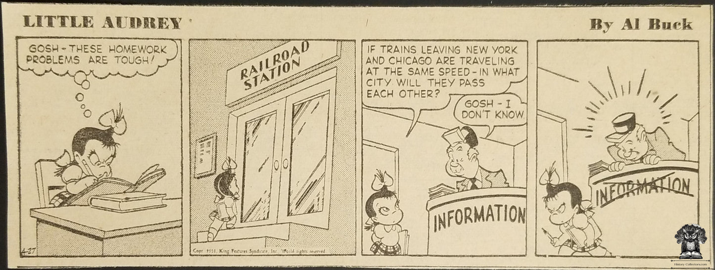1951 Little Audrey Comic Strip - Al Buck - April 27 - Homework Problems - Railroad Train Station Information Booth