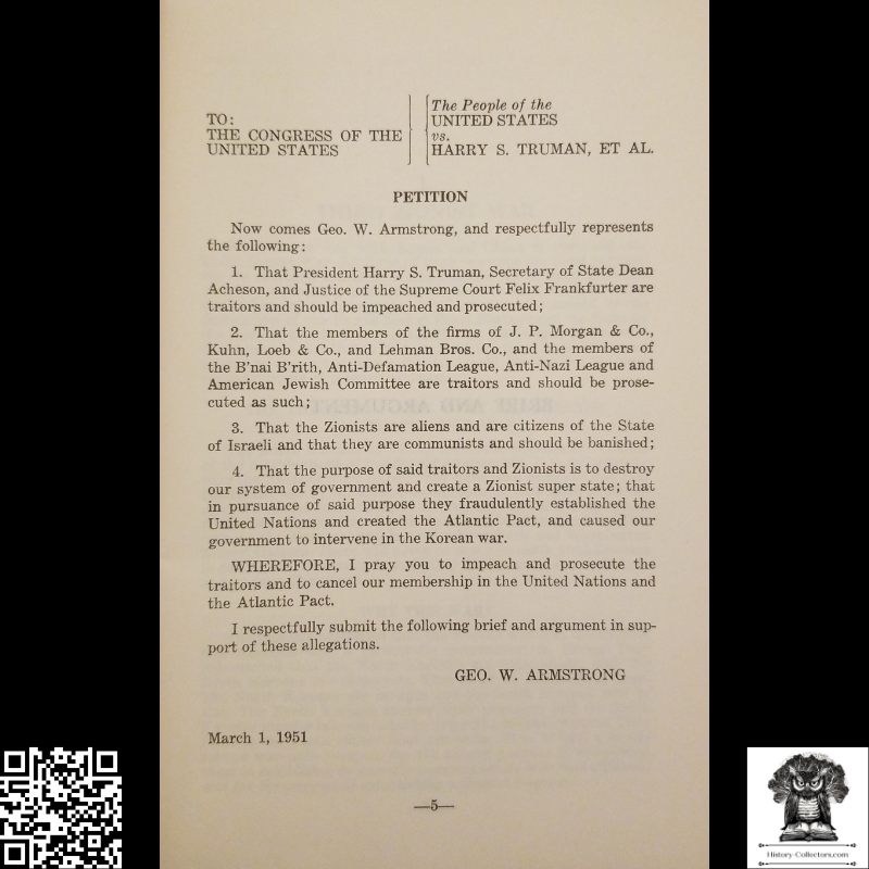 1951 Third Zionist War Soft Cover Booklet - George W. Armstrong - Judge Armstrong Foundation - Anti-Zionism Ideology - Christian Educational Association - 530 Chestnut Street - Union New Jersey