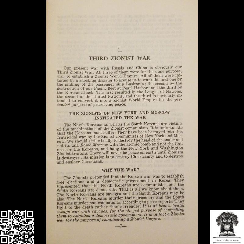 1951 Third Zionist War Soft Cover Booklet - George W. Armstrong - Judge Armstrong Foundation - Anti-Zionism Ideology - Christian Educational Association - 530 Chestnut Street - Union New Jersey