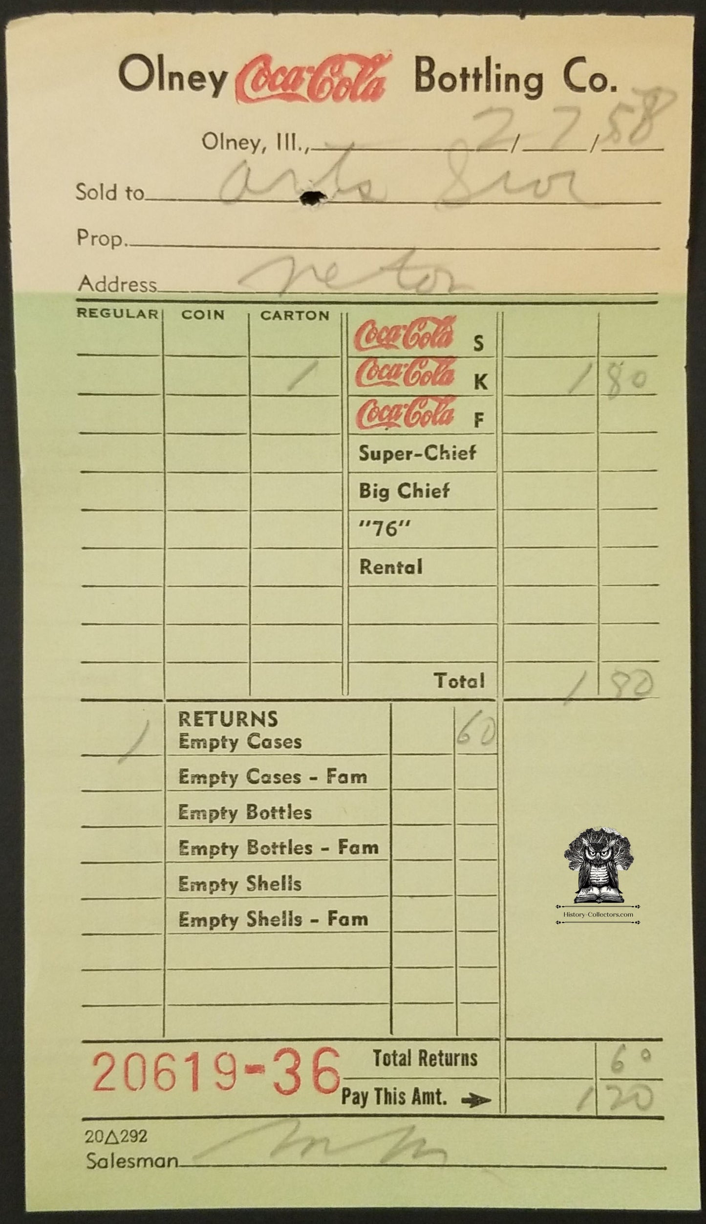 1958 Coca Cola Sales Invoice Receipt - Olney Bottling Co IL Voucher Slip Return