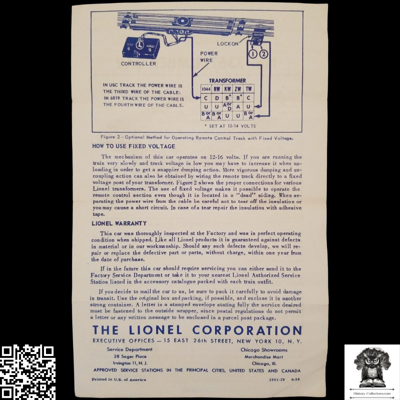1958 Lionel No. 3361 Lumber Car Remote Control Instruction Sheet