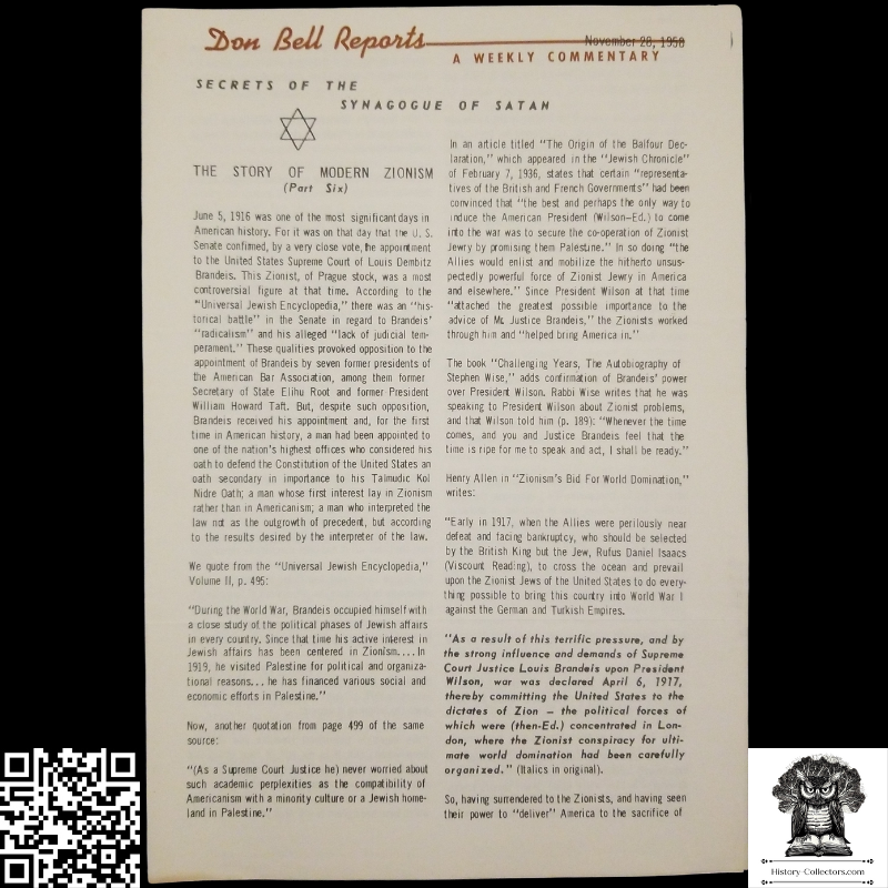 1958 Story Of Modern Zionism Newsletter Part Six - Secrets Of The Synagogue Of Satan - Don Bell Reports Commentary - November 28 - Anti-Zionism - Israel Geopolitical Criticism