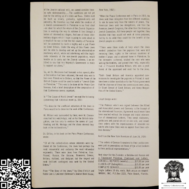1958 Story Of Modern Zionism Newsletter Part Six - Secrets Of The Synagogue Of Satan - Don Bell Reports Commentary - November 28 - Anti-Zionism - Israel Geopolitical Criticism