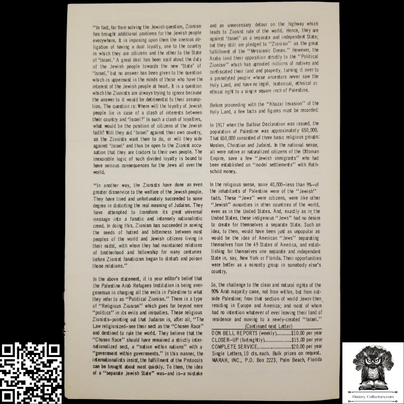 1958 Story Of Modern Zionism Newsletter Part Eight - Secrets Of The Synagogue Of Satan - Don Bell Reports Commentary - December 19 - Anti-Zionism - Israel Geopolitical Criticism