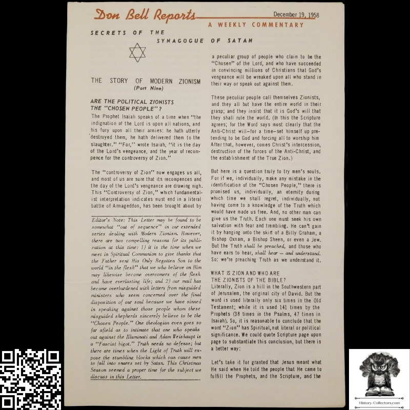 1958 Story Of Modern Zionism Newsletter Part Nine - Secrets Of The Synagogue Of Satan - Don Bell Reports Commentary - December 19 - Anti-Zionism - Israel Geopolitical Criticism