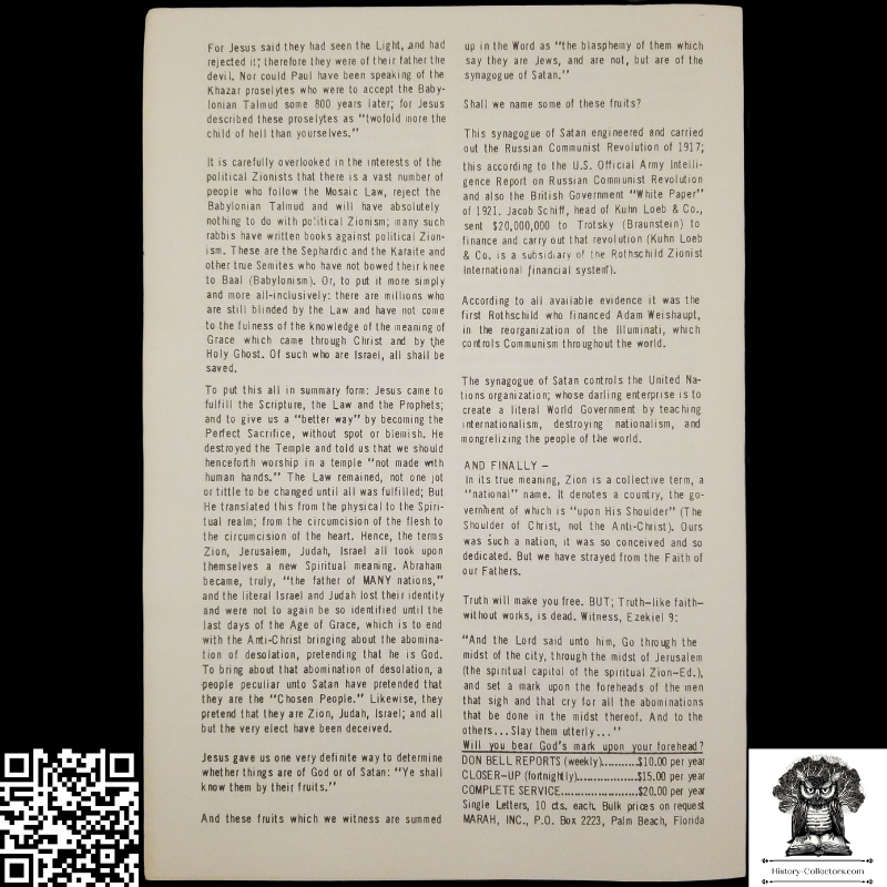 1958 Story Of Modern Zionism Newsletter Part Nine - Secrets Of The Synagogue Of Satan - Don Bell Reports Commentary - December 19 - Anti-Zionism - Israel Geopolitical Criticism