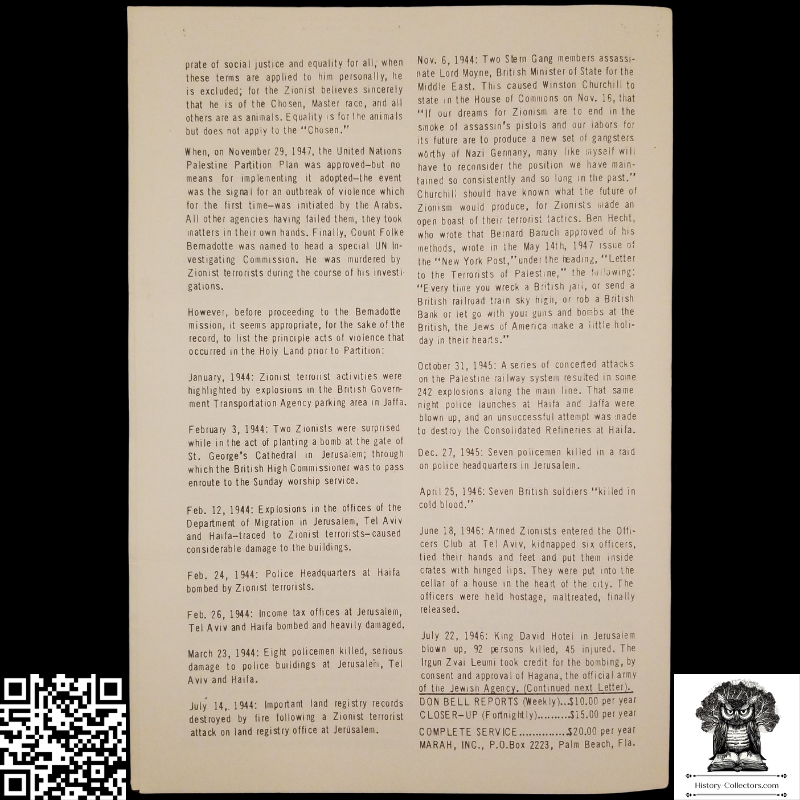 1959 Story Of Modern Zionism Newsletter Part Eleven - Secrets Of The Synagogue Of Satan - Don Bell Reports Commentary - January 9 - Anti-Zionism - Israel Geopolitical Criticism