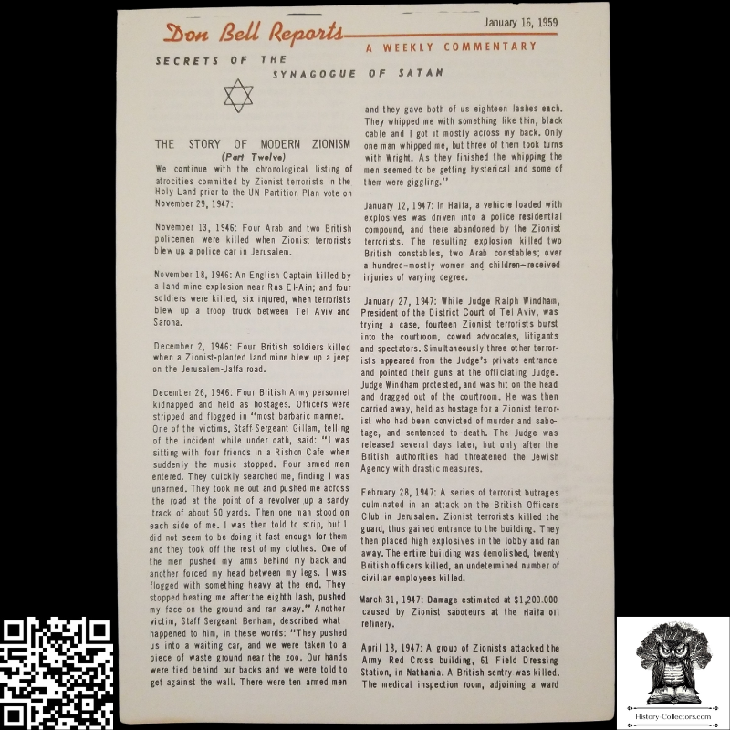 1959 Story Of Modern Zionism Newsletter Part Twelve - Secrets Of The Synagogue Of Satan - Don Bell Reports Commentary - January 16 - Anti-Zionism - Israel Geopolitical Criticism