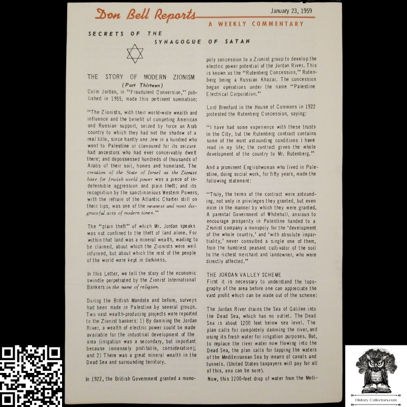 1959 Story Of Modern Zionism Newsletter Part Thirteen - Secrets Of The Synagogue Of Satan - Don Bell Reports Commentary - January 23 - Anti-Zionism - Israel Geopolitical Criticism