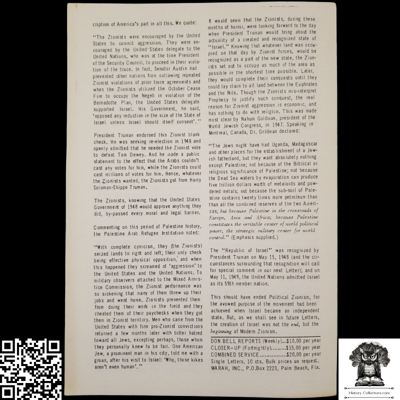 1959 Story Of Modern Zionism Newsletter Part Thirteen - Secrets Of The Synagogue Of Satan - Don Bell Reports Commentary - January 23 - Anti-Zionism - Israel Geopolitical Criticism