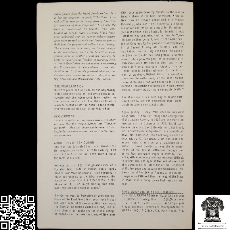 1959 Story Of Modern Zionism Newsletter Part Fourteen - Secrets Of The Synagogue Of Satan - Don Bell Reports Commentary - January 30 - Anti-Zionism - Israel Geopolitical Criticism