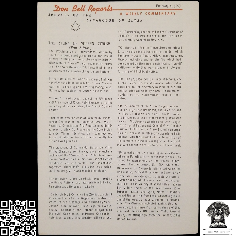 1959 Story Of Modern Zionism Newsletter Part Fifteen - Secrets Of The Synagogue Of Satan - Don Bell Reports Commentary - February 6 - Anti-Zionism - Israel Geopolitical Criticism
