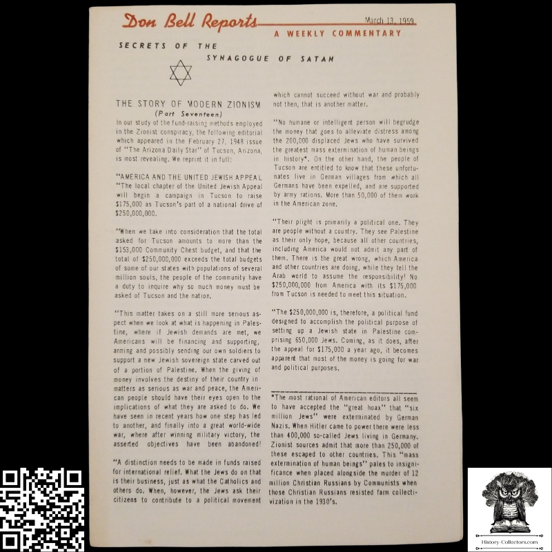 1959 Story Of Modern Zionism Newsletter Part Seventeen - Secrets Of The Synagogue Of Satan - Don Bell Reports Commentary - March 13 - Anti-Zionism - Israel Geopolitical Criticism
