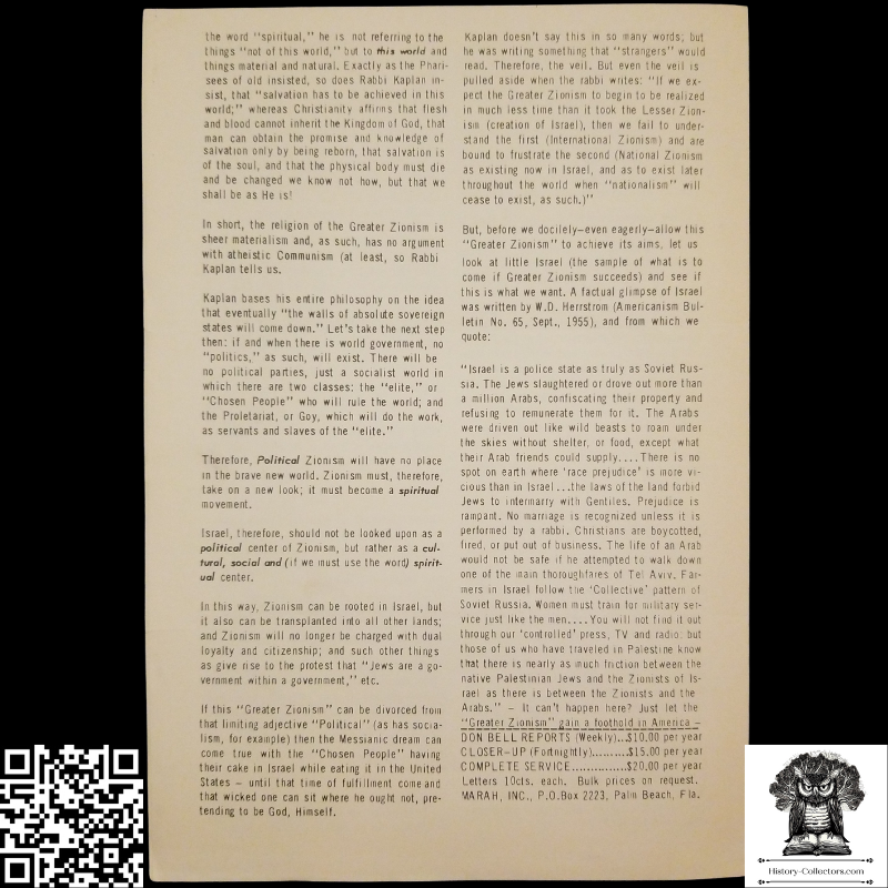 1959 Story Of Modern Zionism Newsletter Part Eighteen - Secrets Of The Synagogue Of Satan - Don Bell Reports Commentary - March 20 - Anti-Zionism - Israel Geopolitical Criticism