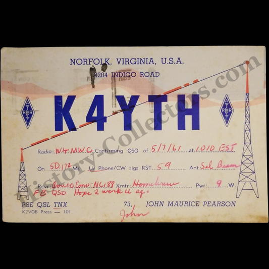 1961 QSL Amateur Radio Card- American Eagle Emblem - Norfolk Virginia - Newport News Virginia - Prevent Forest Fires Slogan Cancel - May 8 - 3c Statue Of Liberty Stamp