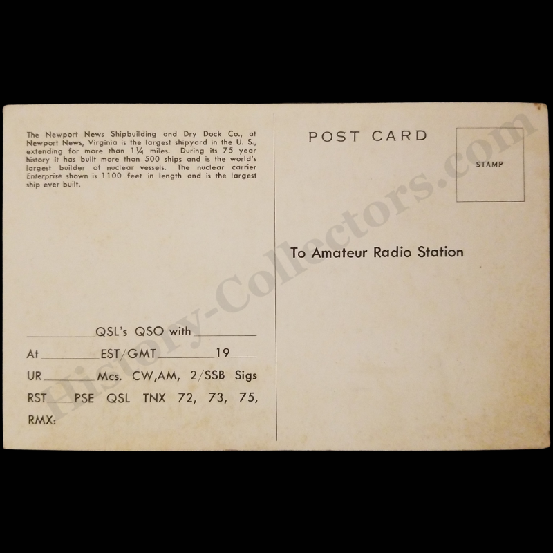 1961 QSL Amateur Radio Postcard (Not RPPC) - 75th Anniversary Of Newport News Shipbuilding And Dry Dock Company - U.S.S. Enterprise Nuclear-Powered Aircraft Carrier