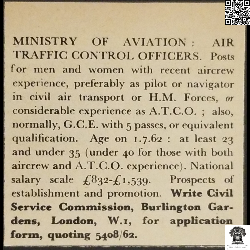 1962 Ministry Of Aviation Air Traffic Control Job Advertisement Clipping - Burlington Gardens - London England - Ready For Framing