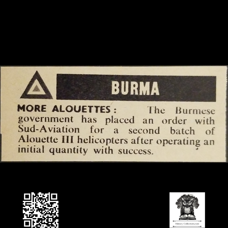 1962 Burmese Government Ordered Additional Alouette III Helicopters News Clipping - Ready For Framing