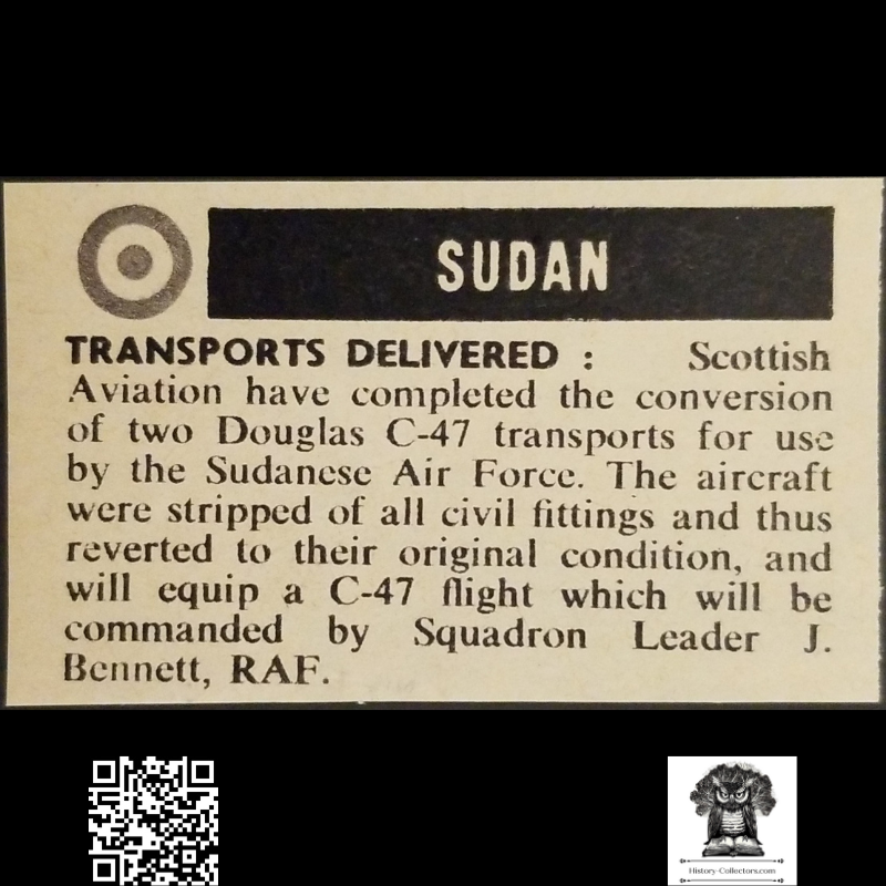 1962 Douglas C-47 Transport Aircraft To The Sudanese Air Force News Clipping - Cold War - Ready For Framing