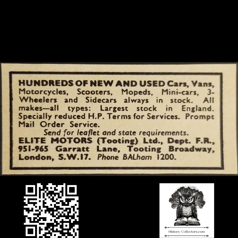 1962 Elite Motors Classified Advertisement Clipping - Garratt Lane Tooting Broadway London - England - Motorized Vehicles