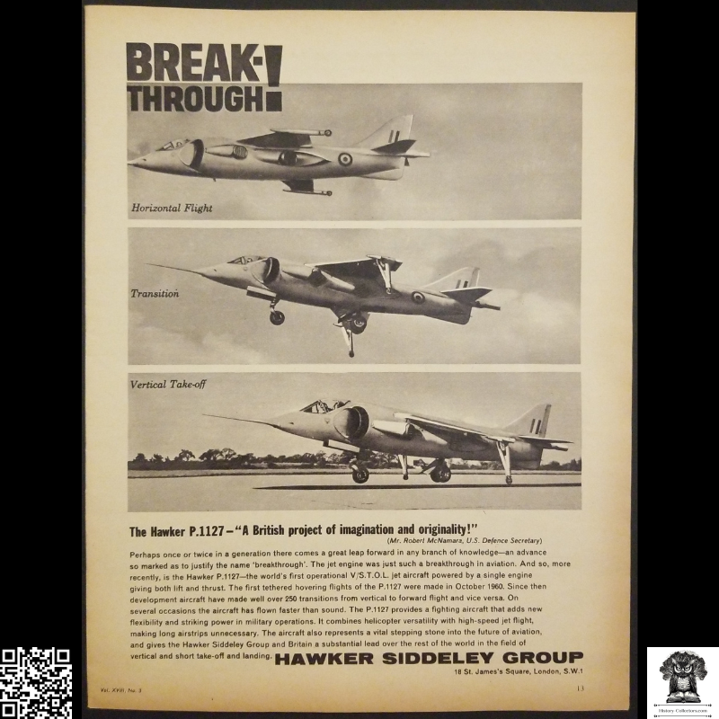 1962 Hawker P.1127 Advertisement - Hawker Siddeley Group - British Experimental Aircraft - London England - British Military Industrial Complex Aviation - Cold War - Ready For Framing