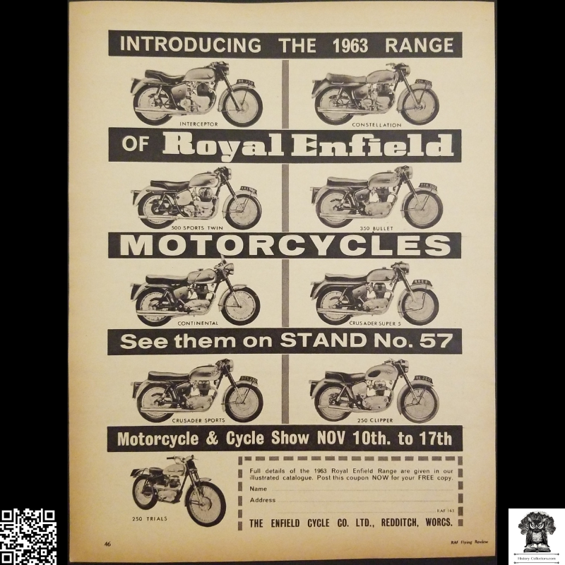 1962 Royal Enfield Motorcycles Advertisement For 1963 Models - British - Mail Order - Ready For Framing