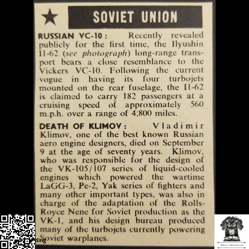 1962 Soviet Russian Cold War Aviation News Clipping - Vladimir Klimov - Ready For Framing