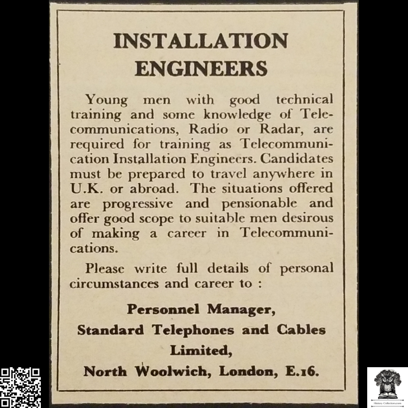 1962 Telecommunication Installation Engineer Job Advertisement Clipping - Standard Telephones And Cables Limited - Civilian Skilled Tech - London England - Ready For Framing