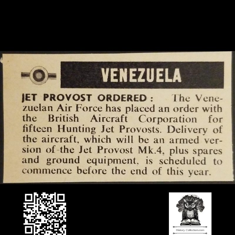 1962 Venezuelan Air Force Ordered Armed Provost Mk.4 Aircraft News Clipping - Ready For Framing