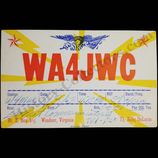 1963 QSL Amateur Radio Card - American Eagle Emblem - Windsor Newport News Virginia - Postal Cancel Windsor VA August 7 - Lincoln 4c Stamp
