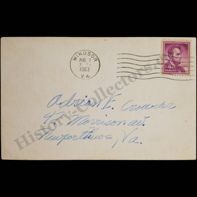 1963 QSL Amateur Radio Card - American Eagle Emblem - Windsor Newport News Virginia - Postal Cancel Windsor VA August 7 - Lincoln 4c Stamp