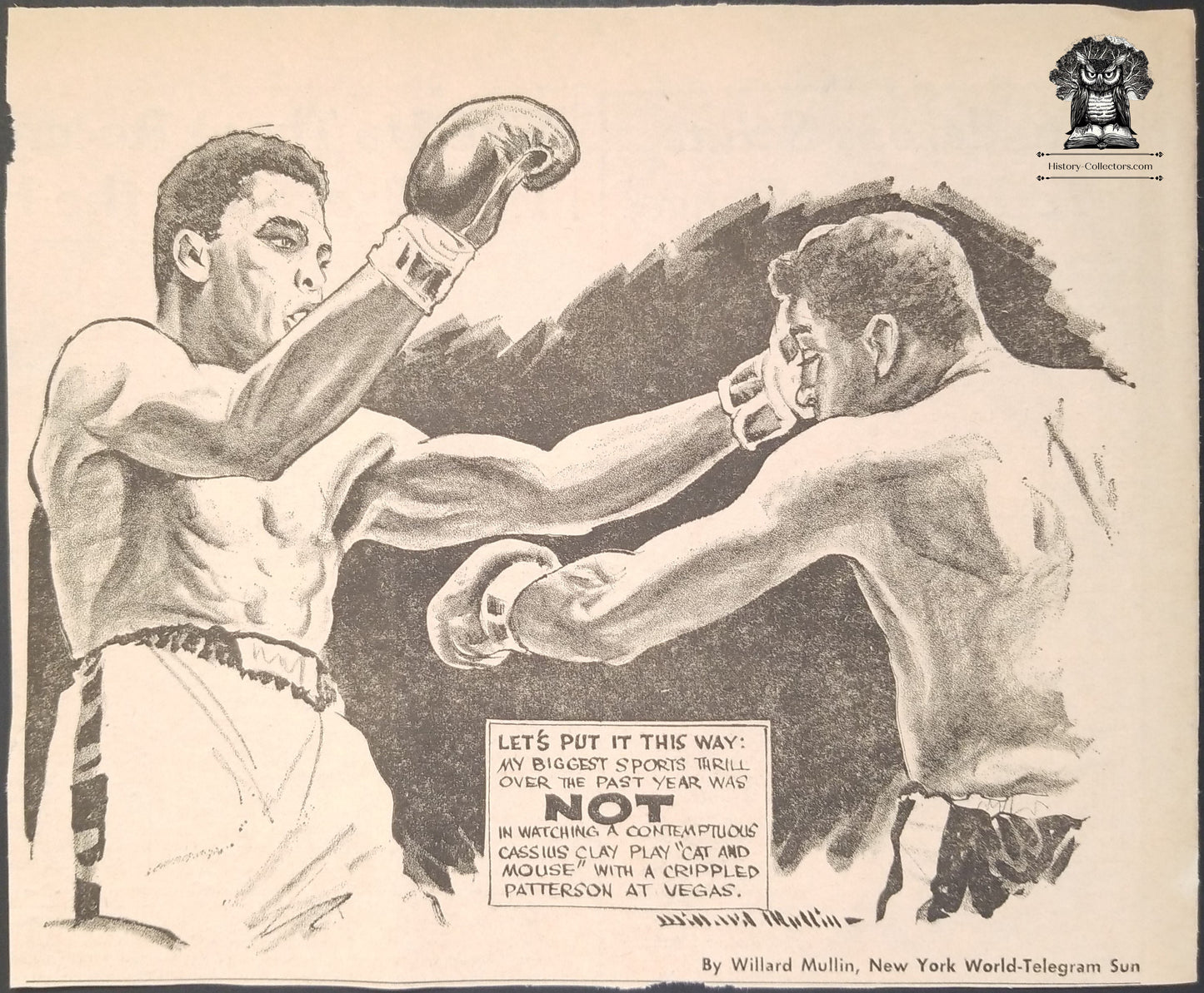 1965 Cassius Clay vs Floyd Patterson Heavyweight Boxing Title Fight Newsprint Illustration - Las Vegas Convention Center Nevada - November 22 - Willard Mullin - New York World Telegram Sun