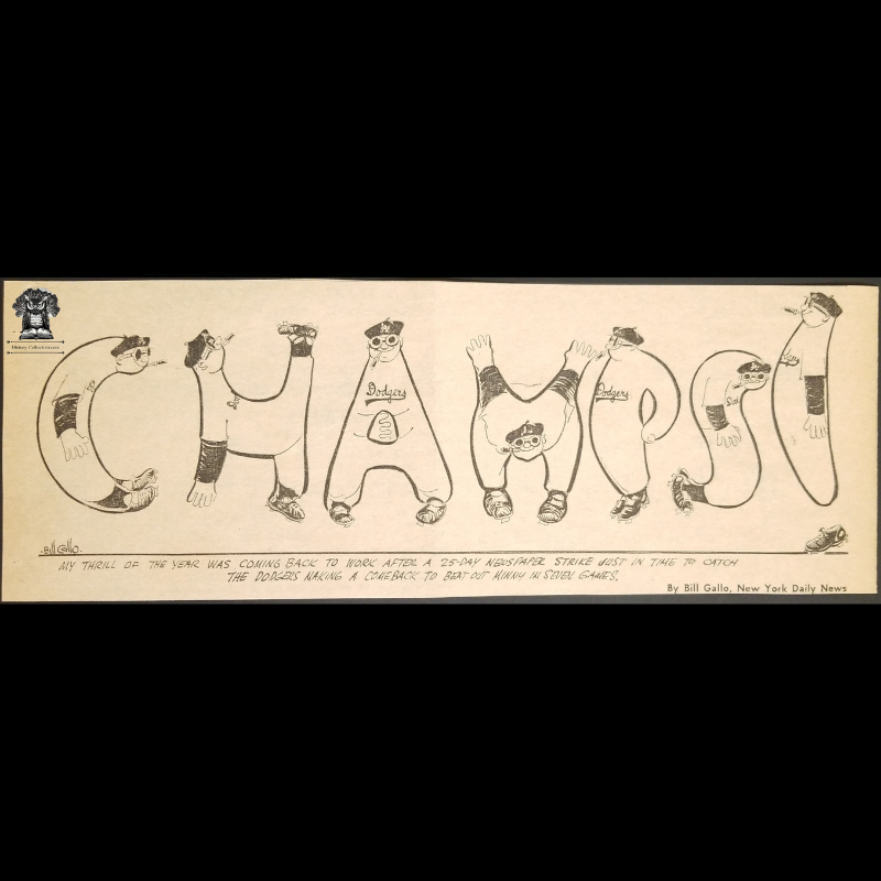 1965 Los Angeles Dodgers World Series Champs Newsprint Illustration - Bill Gallo - New York Daily News - Newspaper Strike Reference - MLB