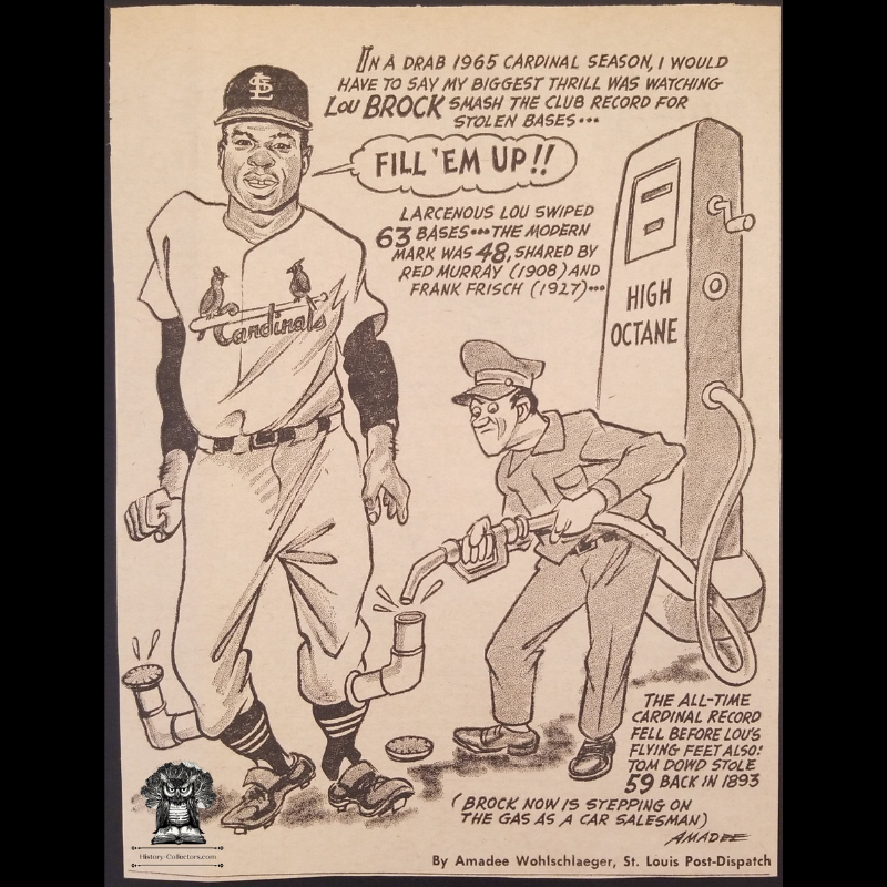 1965 Lou Brock St. Louis Cardinals Newsprint Illustration - Stolen Base Record - MLB Baseball - St. Louis Post Dispatch