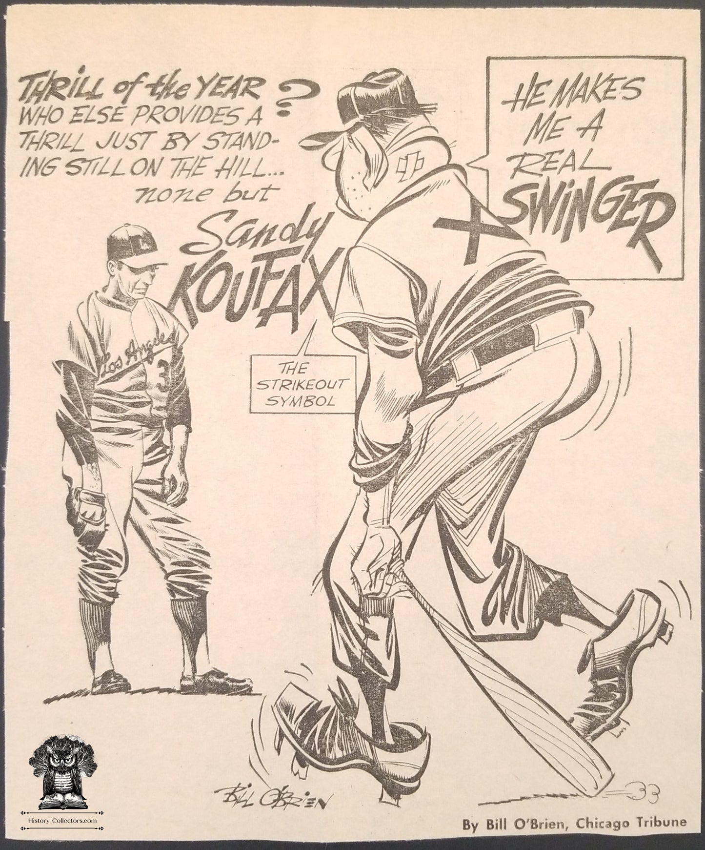 1966 Sandy Koufax Newsprint Comic - Los Angeles Dodgers Baseball - Bill O'Brian Illustration - Chicago Times