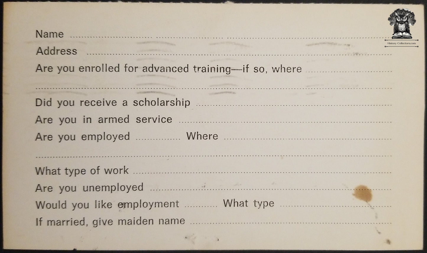1968 Hollidaysburg PA Senior High School Principal Survey Questionnaire Postcard - Five Cent Lincoln Postal Card