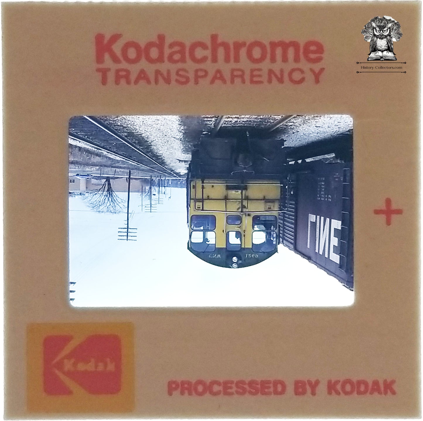 1975 C&NW Railroad Train Freight Engine 1269 - Soo Line Boxcar Photo Slide - Urban Terminal Switch Yard - Kodak Kodachrome - Blue Dodge Car