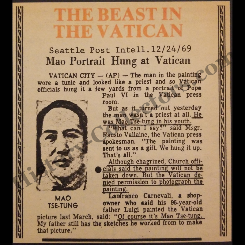 1978 Mao Tse-Tung Portrait Hung At Vatican News Clipping - New Christian Crusade Church - Late Cold War Era - Ready For Framing