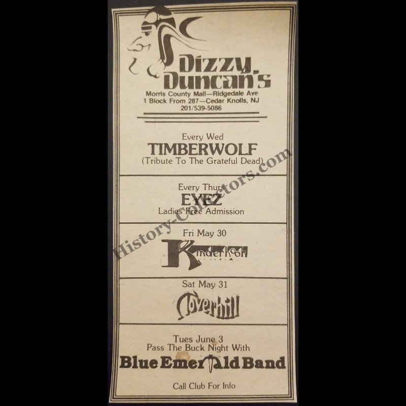 1980 Dizzy Duncan's Print Advertisement Clipping - Morris County Mall Ridgedale Avenue Cedar Knolls New Jersey - Timberwolf Grateful Dead Tribute - Eyez - Kinderhook - Cloverhill - Blue Emerald Band - Late Cold War Era - Ready For Framing