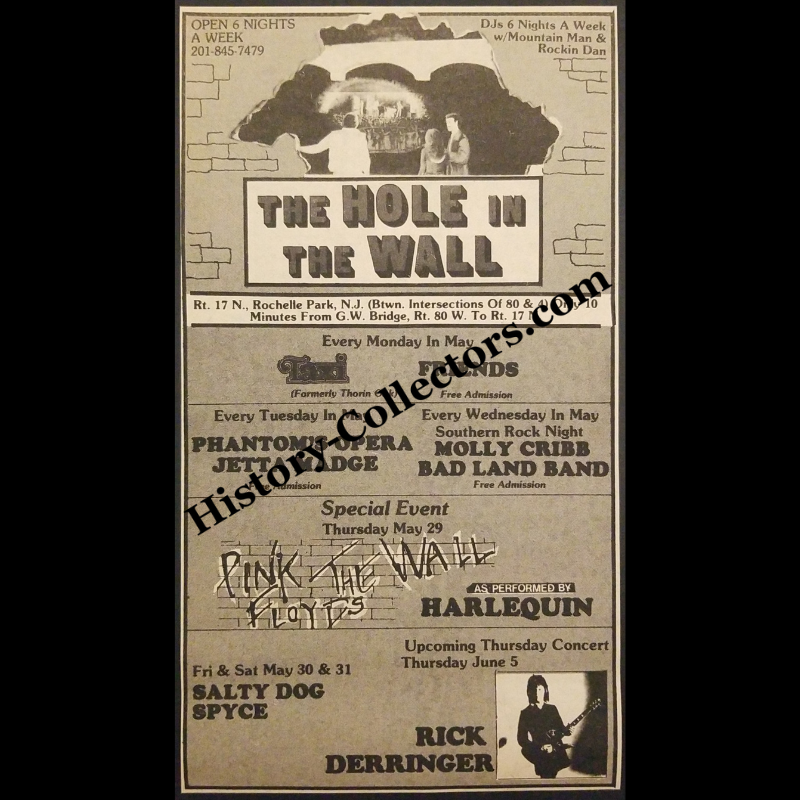 1980 The Hole In The Wall Promotion Print Advertisement Clipping - Route 17 North Rochelle Park New Jersey - Rick Derringer - Pink Floyd's The Wall Performed By Harlequin - Urban Nightlife Entertainment - Late Cold War Era - Ready For Framing