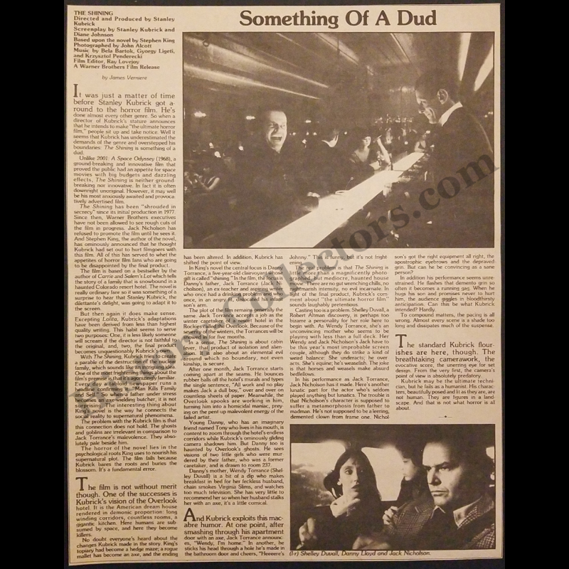 1980 The Shining Critic Review Clipping - Something Of A Dud - Film Critic James Verniere - Stanley Kubrick - Jack Nicholson - Shelley Duvall - Cold War Era - Ready For Framing