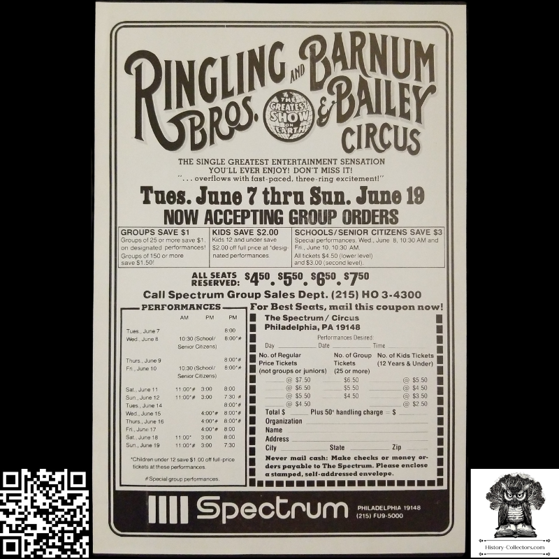 1988 Ringling Bros Barnum Bailey Circus Advertising Flier - The Spectrum - Philadelphia Pennsylvania